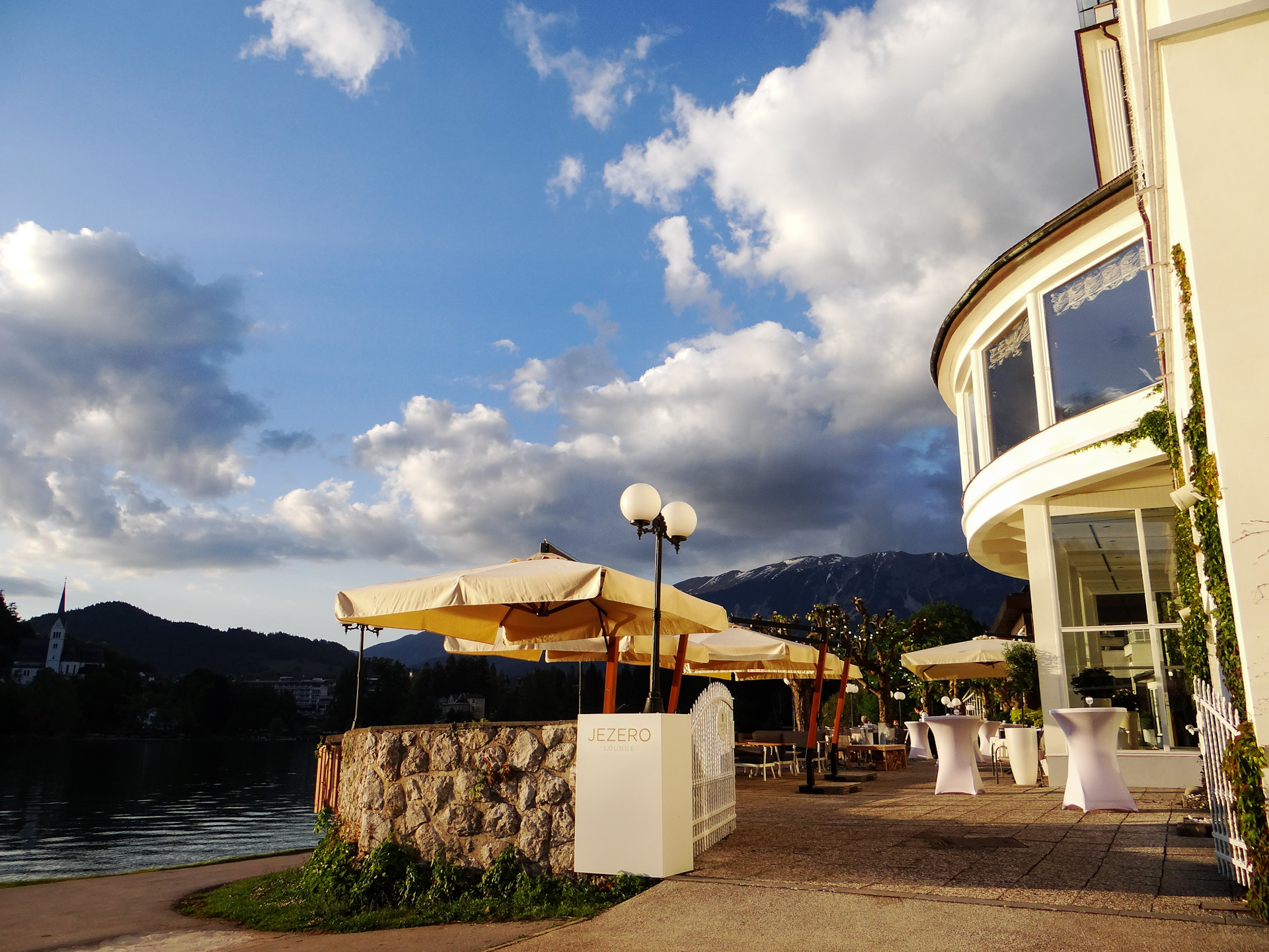 Jezero Lounge at Grand Hotel Toplice overlooking Lake Bled.