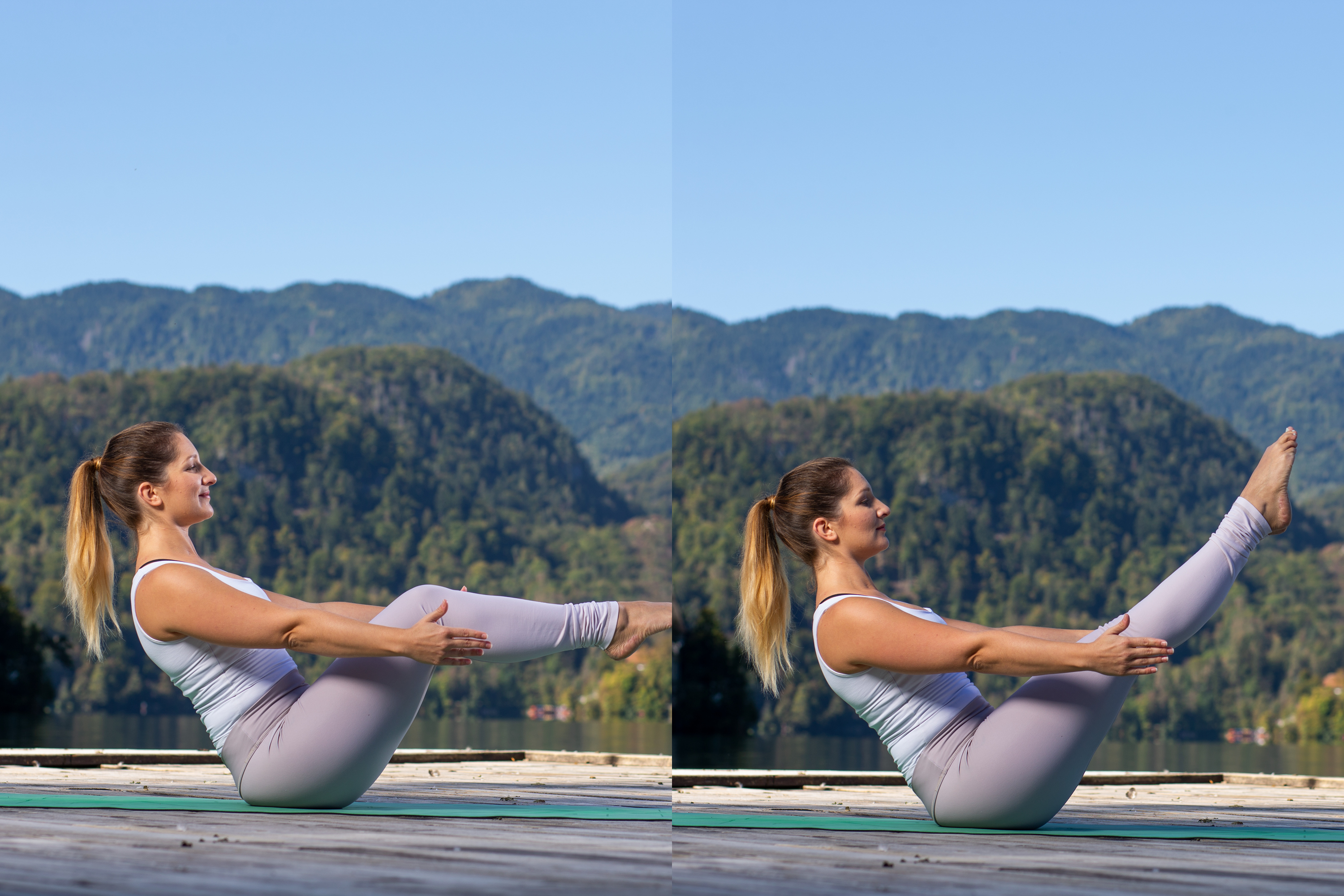 Ženska ob blejskem jezeru izvaja vaje za ravnovesje telesa in misli