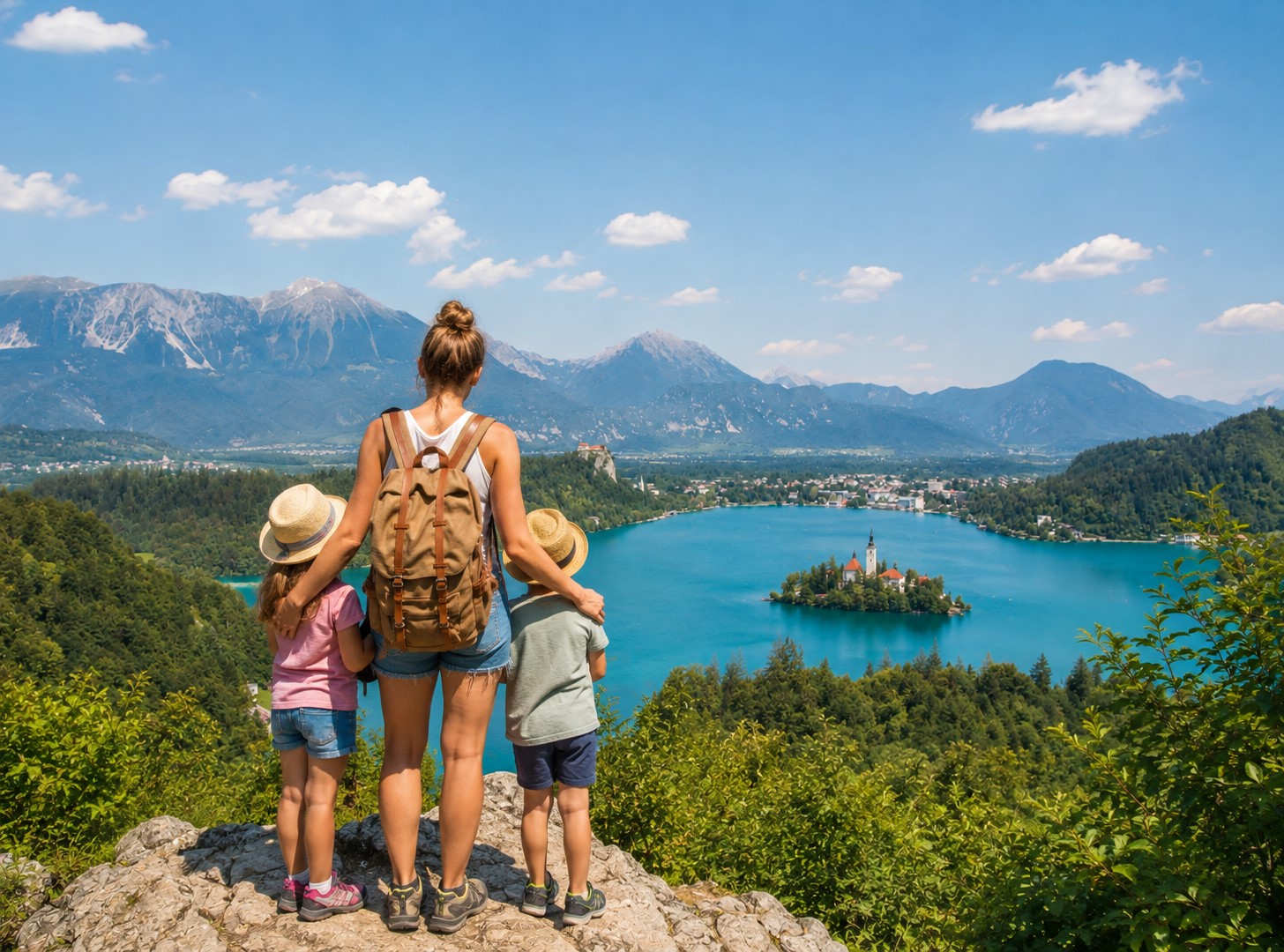 Family in nature overlooking Lake Bled and Bled Island